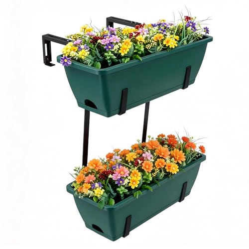16.9 Inches Deck Railings Planter Box, 2Pcs Hanging Flower Pots, Green | Balcony Planter Boxes with Detachable Hooks & Trays, Drainage Holes, Fits Window Yard Garden Decor for Plant, Countryside - color: Black Green
