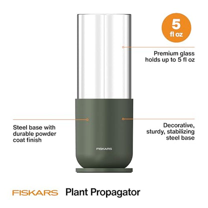 Fiskars 5oz Plant Propagator Glass Vase for Hydroponic Indoor Gardening | Single Vase with Metal Stand for Rooting Cuttings, Houseplants & Decor, Straight Sided Flute for Safe Root Removal, Clear