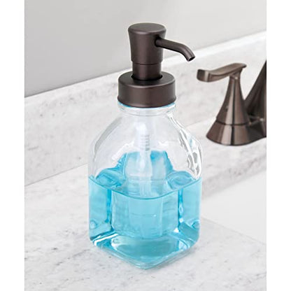 mDesign Square Glass Refillable Liquid Soap Dispenser Pump Bottle for Bathroom Vanity Countertop, Kitchen Sink - Holds Hand Soap, Dish Soap, Hand Sanitizer, Essential Oils - 2 Pack - Clear/Bronze - color: Clear/Bronze