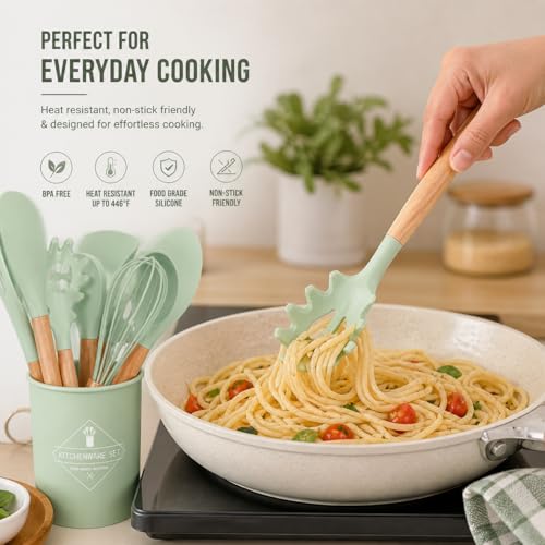 Caboh Silicone Kitchen Utensil Set 12 PCS – Heat Resistant Cooking Tools with Spatula, Serving Spoon, Tongs, Whisk & Holder, Nonstick Safe BPA-Free Kitchen Accessories Set (Light Green) - color: Light Green