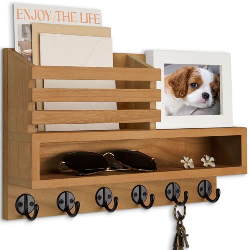 Key and Mail Holder Wall Mount, Key Holder with Long Storage Box | Key Hanger with Mail Slot, 6 Key Hooks for Coat, Dog Leash, Home Decor Rack, House Accessories, Entry Way Organizer - color: Light Brown, size: Large - 13.8 Inch