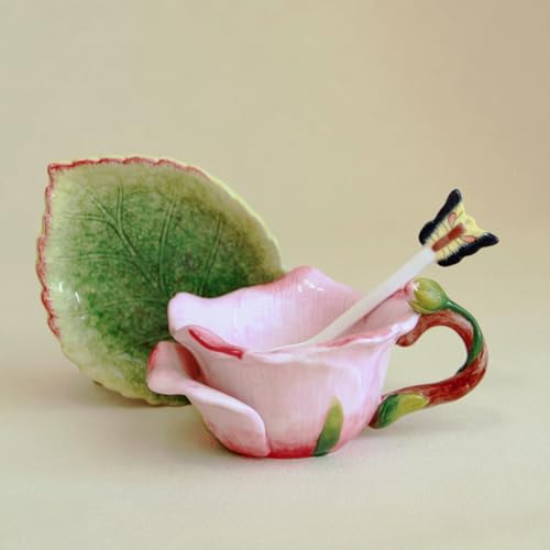 Ceramic Tea Cup and Saucer Set ，6OZ 3D Hand-Painted Flower and Lotus Leaf Coffee Mug，Gift for Women- Pink Rose - color: Pink Rose