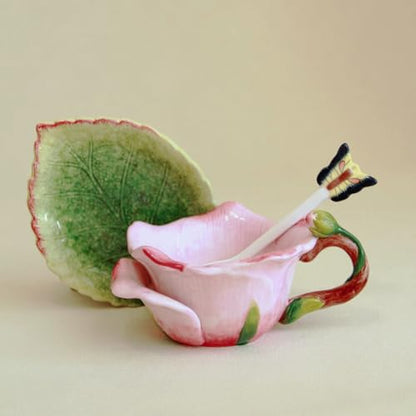 Ceramic Tea Cup and Saucer Set ，6OZ 3D Hand-Painted Flower and Lotus Leaf Coffee Mug，Gift for Women- Pink Rose - color: Pink Rose