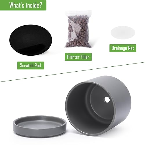 D'vine Dev 2-Pack Ceramic Pots with Saucers, Grey, 4/6 in, 94-G-S-3 | Glazed Ceramic, Drainage Hole, Perfect-Fit Saucer, Sleek Cylinder Shape, High Temperature Fired, Elegant Home Accent - color: Gray, size: Small