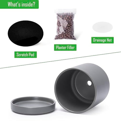 D'vine Dev 2-Pack Ceramic Pots with Saucers, Grey, 4/6 in, 94-G-S-3 | Glazed Ceramic, Drainage Hole, Perfect-Fit Saucer, Sleek Cylinder Shape, High Temperature Fired, Elegant Home Accent - color: Gray, size: Small