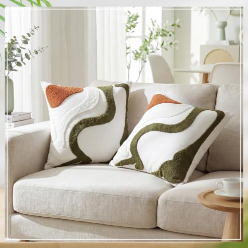 2 Pcs Olive Green Throw Pillow Covers 18x18 Inch Embroidered Green Accent Pillow Cover Decorative Abstract Mid Century Textured Cushion Case for Couch Sofa Bedroom Living Room Home Decor - style: Bohemian