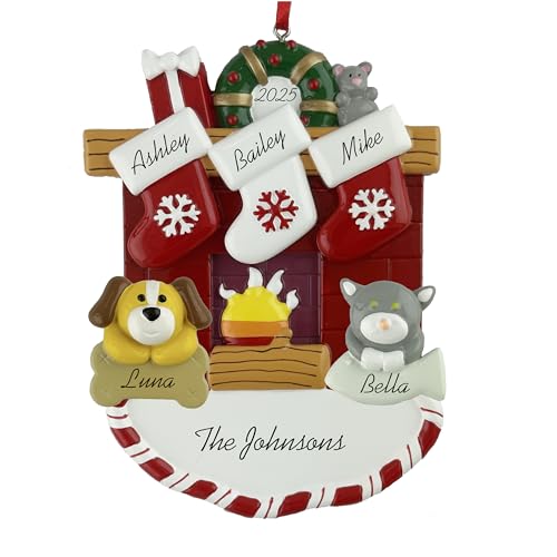 Customized and Personalized Christmas Ornament - Family of 2-6 with Two Pets - Select 2 of The 25 Different Dogs and Cats to Design Your Own Made to Order Gift (Family of 3) - size: Family of 3 with 2 Pets