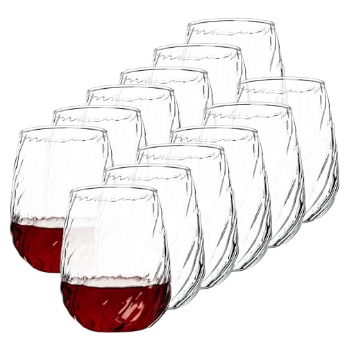 UMEIED Stemless Wine Glasses Set of 12, 17 oz Red White Wine Glasses | Clear Glassware Set for Red/White Wine Dishwasher Safe, Ideal for Daily Use Home Bar Birthdays Housewarming (Wave Texture) - color: Wave Texture