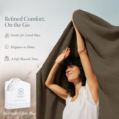 Threadmill Luxury Cotton Blankets for Queen Size Bed | All-Season 100% Cotton Queen Size Blanket | Herringbone Cozy, Soft Breathable Fall Thermal Blanket fits Full Size Bed | Espresso - color: Espresso, size: Queen (90" x 92")