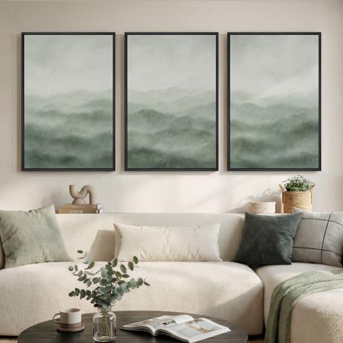 Large Framed Green Abstract Wall Art for Living Room, 3 Piece Set 24x36 In | Minimalist mountain landscape pictures, Canvas prints, Wood frame, Modern nature painting, Wall decor for bedroom dining room - color: Geen A, size: 24" W x 36" H x 3pcs