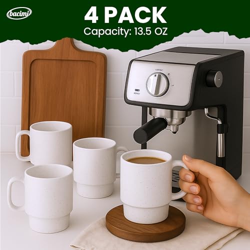 Bacimi® - Stackable Coffee Mugs Set of 4 with Metal Rack - Stoneware Mugs 13.5oz Coffee Mug Stand - Ceramic Coffee Cups for Latte, Cappuccino & Hot Beverages - Eggshell White - style: Set with Rack