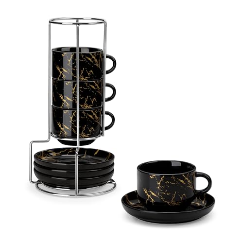 MALACASA 4 OZ Porcelain Espresso Cups with Saucers and Metal Stand Set of 4, Stackable Cappuccino Cups, Marble Black Expresso Shots Cup Set for Coffee Drinks, Latte, Tea - color: Marble Black, size: 4 Oz
