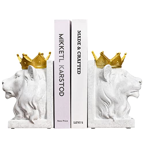 Vintage White Lion Book Ends,Animal Decorative Bookends,Resin Book Holder | Luxurious Book Ends for Shelves Rooms Office Home Decor,Unique Book Lover Gift(White Lion) - color: A-white Lion