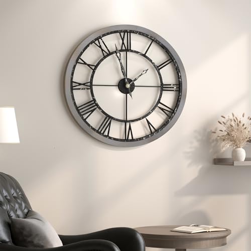 Cuspin 24 Inch Farmhouse Wall Clock, Rustic Clocks for Living Room Decor | Silent non ticking, battery operated, solid wood frame, Roman numerals, vintage rustic design, easy wall mounting - color: Wood Industrial Roman, size: 24 Inch