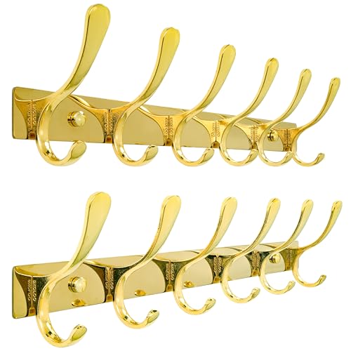 SKOLOO Coat Rack Wall Mounted - 6 Hooks, Pack of 2, Heavy Duty, Stainless Steel, Metal Wall Hangers, Sturdy Coat Hooks for Hanging Coats, Jacket, Clothes, Hat, Bright Gold - color: Bright Gold, size: 6 Hook(2 Pack)