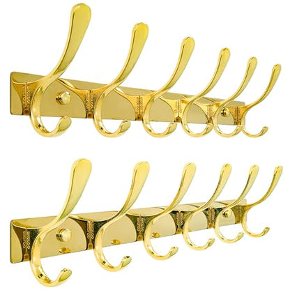 SKOLOO Coat Rack Wall Mounted - 6 Hooks, Pack of 2, Heavy Duty, Stainless Steel, Metal Wall Hangers, Sturdy Coat Hooks for Hanging Coats, Jacket, Clothes, Hat, Bright Gold - color: Bright Gold, size: 6 Hook(2 Pack)