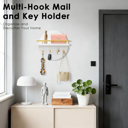 Key Holder Wall Mount with Shelf and Hooks, 11.8 Inch Entryway Gold Key Holder for Wall Decor (White&Gold)
