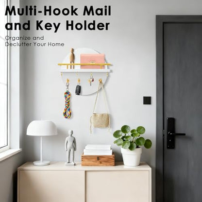 Key Holder Wall Mount with Shelf and Hooks, 11.8 Inch Entryway Gold Key Holder for Wall Decor (White&Gold)