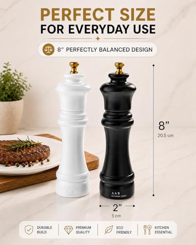 Wooden Black and White Manual Refillable Large Salt and Pepper Grinder Set, Shaker with Adjustable Ceramic Grinding Mechanism for Customized Coarseness, 8 Inches, Pack of 2