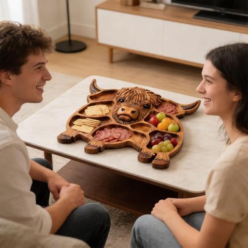 Highland Cow Wooden Charcuterie Board, Rustic Farmhouse Serving Board, Appetizer Board, for Snack Fruit Meat Cheese Home Party Banquet Family Gathering Dining Table Holiday Kitchen (B) - color: B
