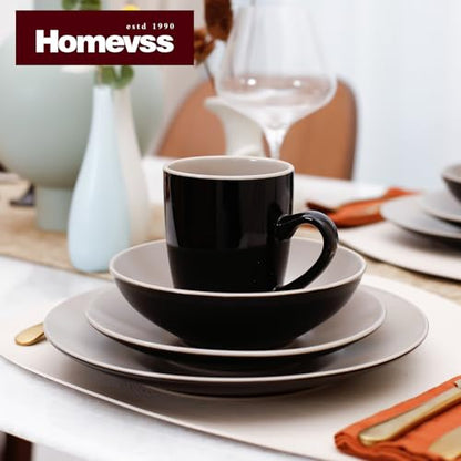 Stoneware Two-Tone Colors Life 16pc Dinner Set， Outside Shiny Black + Inside Matte Glaze Light Beige - color: Light Beige, size: 16pc Set