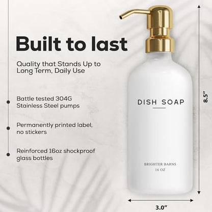 Luxury Glass Hand and Dish Soap Dispenser Set by Brighter Barns - Kitchen Soap Dispenser Set & Stainless Steel Pump - Glass Bottle for Sink - White and Gold Kitchen Accessories for Airbnb, Gift (Gold) - color: Gold Hd