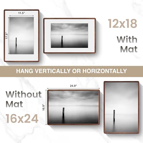 Acovy 16x24in Picture Frame, Natural Solid Walnut Handcrafted Wooden Photo Frame, Dual Use for Wall Mount, Matted to Fit 12"x18" Photos, HD Tempered Glass, Pre-Installed Stand & Hanging Hook - color: Walnut, size: 16x24in