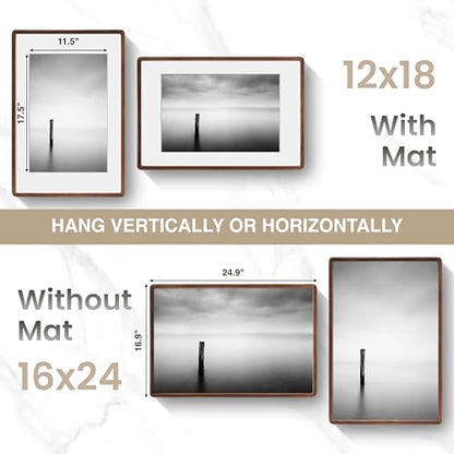 Acovy 16x24in Picture Frame, Natural Solid Walnut Handcrafted Wooden Photo Frame, Dual Use for Wall Mount, Matted to Fit 12"x18" Photos, HD Tempered Glass, Pre-Installed Stand & Hanging Hook - color: Walnut, size: 16x24in