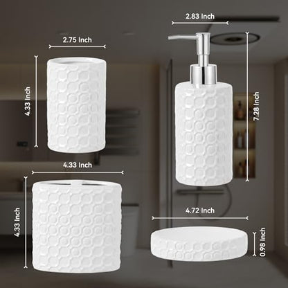 White Ceramic Bathroom Accessories Set, 4 Piece, Honeycomb Design with Soap Dispenser Pump, Tumbler, Toothbrush Holder, Soap Dish - color: White 005