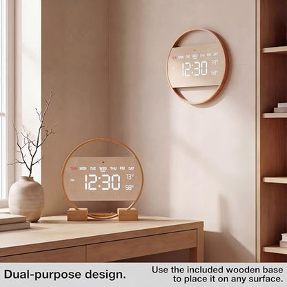 Driini Large Digital Wall Clock -Round Digital Bamboo Wooden Wall Clock with Large Display - LED Wall Clock - Auto-Dimming – Plug in USB with Temperature & Humidity – Large Wall Clock for Living Room.