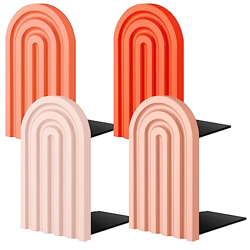 Harloon 4 Pcs Boho Wooden Arch Bookends Coral Color Decorative Book Stoppers with Non-Slip Metal Base 5x3x4 Inch Cute Rainbow Stoppers for Heavy Books Home Office Study Desk Organizer(Vintage Color) - color: Vintage Color