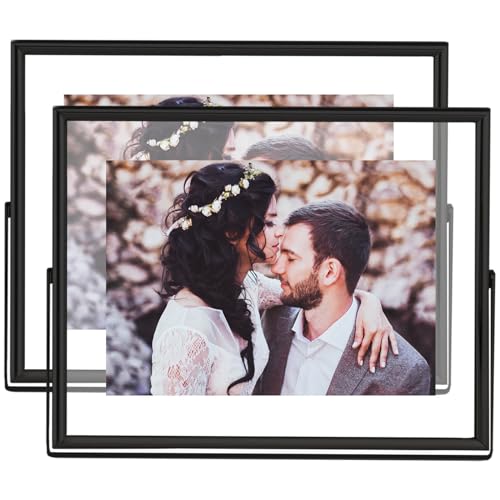 5x7 Floating Picture Frames Set of 2, Made of Metal and Double Real Glass, for Photo Size up to 7x9, Tabletop Display Home or Wedding Decoration (Horizontal Black) - color: Black (Horizontal), size: 7x9 for 5x7 (2 Pcs)
