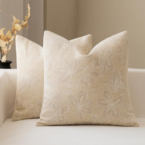 FIOUOVO Floral Throw Pillow Covers 20x20 Set of 2 Farmhouse Pillow Covers Vintage Neutral Accent Pillowcases Decorative Cushion Covers for Sofa Couch Living Room Bedroom Home Decor, Cream - color: Cream, size: 20" x 20" (Pack of 2)