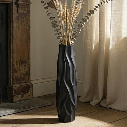 Black Tall Ceramic Floor Vase, 24 Inch, Pleated Wave Design | Matte Finish, Living Room, Fireplace, Entryway, Pampas Grass - size: 24 Inch