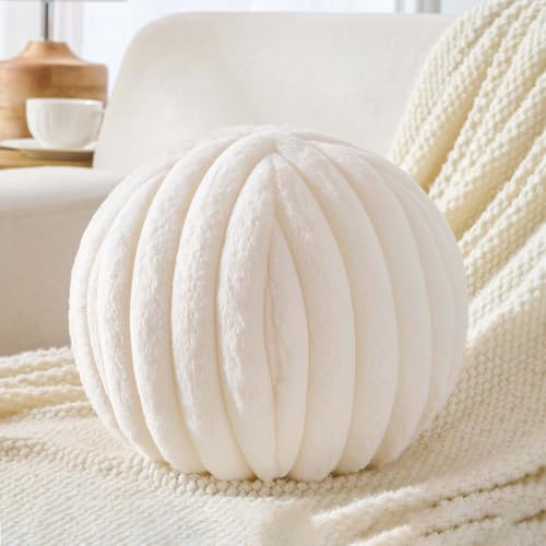 Uvvyui Ball Pillow Round Striped Decorative Throw Cushion Ivory 11.8" | Round Throw Pillows Faux Rabbit Fur Striped Fluffy Spherical Cushion Sphere Shaped Pillow for Aesthetic Room Decor - color: Ivory
