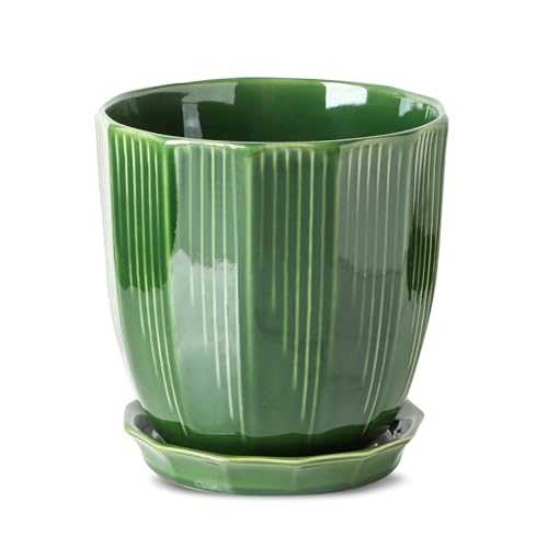 ADN 8Inch Green Ceramic Planter Pot with Drainage Hole and Saucer | Modern Indoor Outdoor Medium Decorative Planter Pot, for Home,Garden,Office Gift; 6/8/10 inch - color: Green, size: 8 in