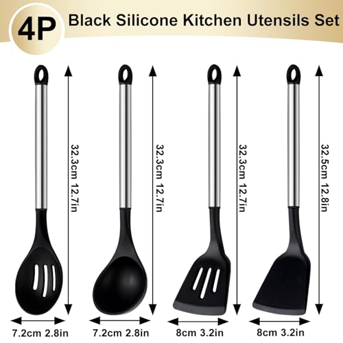 Pleafind 4-Pcs Silicone Cooking Utensils Set, Wok Utensils Set Include Wok Ladle, Slotted Spoon, Solid Spatula and Slotted Spatula, Silicone and Stainless Steel Kitchen Utensils, Dishwasher Safe - color: 4P-Black