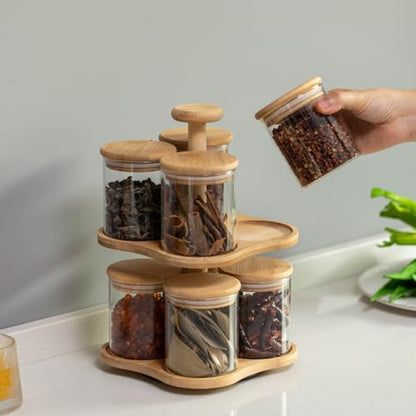 Minimalist Two-Tier Bamboo Lazy Susan Turntable with 8 Pcs 12 oz Airtight Lid Glass Jars, Versatile Spice Rack Organizer, Perfect for Kitchen Countertops, Dining Tables, and Pantry Cabinets
