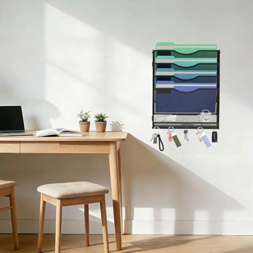 Gawerk 5-Tier Hanging Wall File Organizer with 5 Hooks - Wall Mounted Mail Paper Document Folder Holder, Sturdy Mesh Magazine Rack for Office Home - size: 4+1 Tier