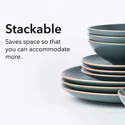 Arora RINGAR Round Stoneware 16pc Dinnerware Set of 4, Dinner Plates, Side Plates, Cereal Bowls, Mugs - Speckle Matte Green (434540) - color: Speckle Matte Green-Bowl/Mug, style: Round-Service for 4(16pcs)