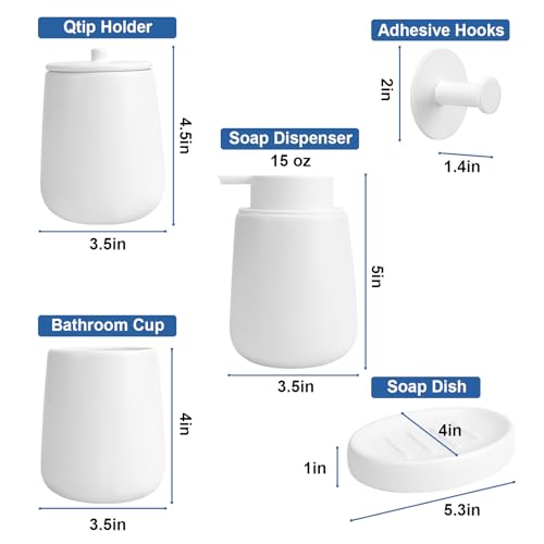 Ceramic Bathroom Accessories Set 6 Pcs, White Bathroom Accessory Set Includes Foaming Soap Dispenser with Rust-Proof Plastic Pump, Bathroom Cup, Qtip Holder, Soap Dish, 2Pcs Adhesive Hooks for Home - size: 6pcs-Foam