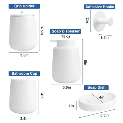 Ceramic Bathroom Accessories Set 6 Pcs, White Bathroom Accessory Set Includes Foaming Soap Dispenser with Rust-Proof Plastic Pump, Bathroom Cup, Qtip Holder, Soap Dish, 2Pcs Adhesive Hooks for Home - size: 6pcs-Foam