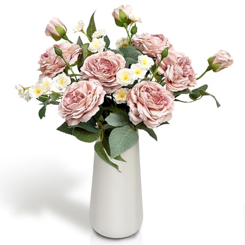 Fake Flowers in Ceramic Vase for Table Centerpieces | 16’’ Roses Peonies Flowers Bouquet with White Tall Vase, Flower Arrangements for Indoor Home Decor, Pink - color: Dusty Pink