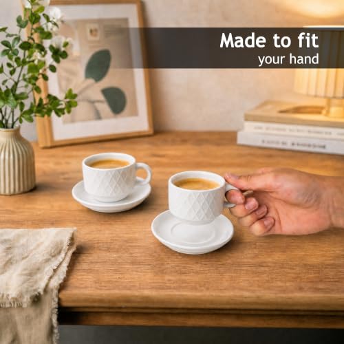 MIAMIO - 6 x 2.5 oz Stoneware Espresso Mug, Cup Set Modern with Stand and Saucers - Palmanova Collection (White) - color: White