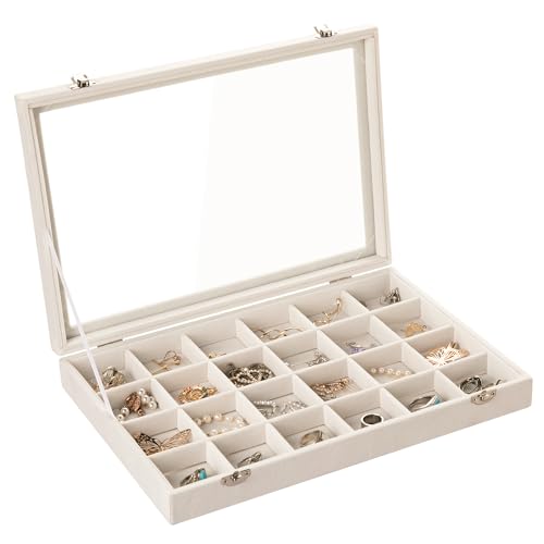 24 Grid Earring Organizer,Velvet Jewelry Tray with Clear Lid | Drawer Jewelry Organizer for Rings Studs Brooch,Adjustable Divider,Dustproof Design,Earring Storage,Trinket Box,13.8×9.5Inch - color: Beige, size: 24 Grid
