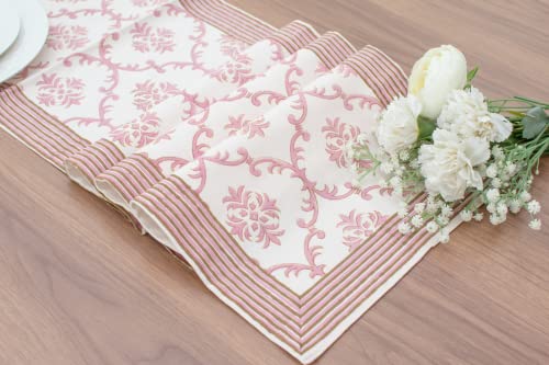 Lotus & Ivory Pink Coffee Table Runners (100% Cotton, Damask Hand Block Print, 14x48 inch, Pack of 1) Fabric Lined | Properly Finished | for Home, Kitchen, Dining Room, Holiday, Wedding Party Décor