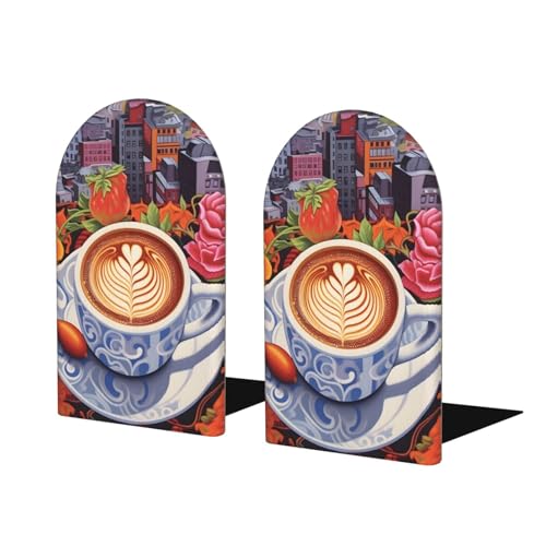 Coffee City Rose Wooden Bookends for Shelves Decorative Book Ends Universal Book Organizer Holder for Office, Heavy Books, Vinyl Records - color: Coffee City Rose