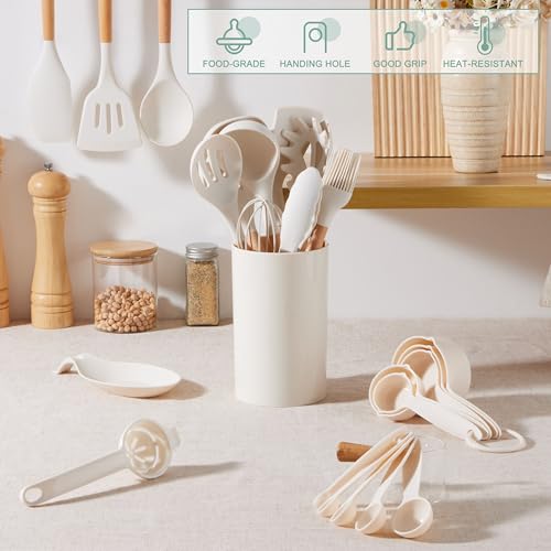 E-far White Cooking Utensils Set with Holder, 25-Piece Silicone Kitchen Utensil Set with Wooden Handle for Nonstick Cookware, 446°F Heat Resistant Kitchen Tool Spatula Tongs Whisk, Non-toxic & Healthy - color: White, size: 25
