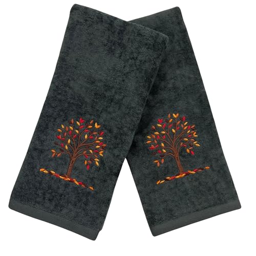 Fall Gray Bathroom Hand Towels, Autumn Tree & Orange Yellow Leaves, 16x25" | Set of 2, 100% Soft Cotton Grey Velour, Embroidered Autumn Farmhouse Decor for Bath or Kitchen, Perfect for Parties & Gifts - color: Autumn Tree Grey