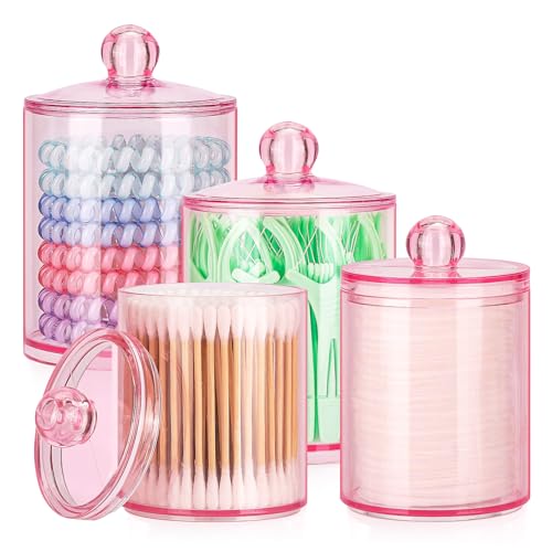 Tbestmax 12 oz & 10 oz Qtip Holder - 4 Pack Restroom Bathroom Organizers and Storage Containers, Pink Plastic Apothecary Jars with Lids for Cotton Swab, Cotton Round Pads, Floss - color: Pink 12oz*2&10oz*2